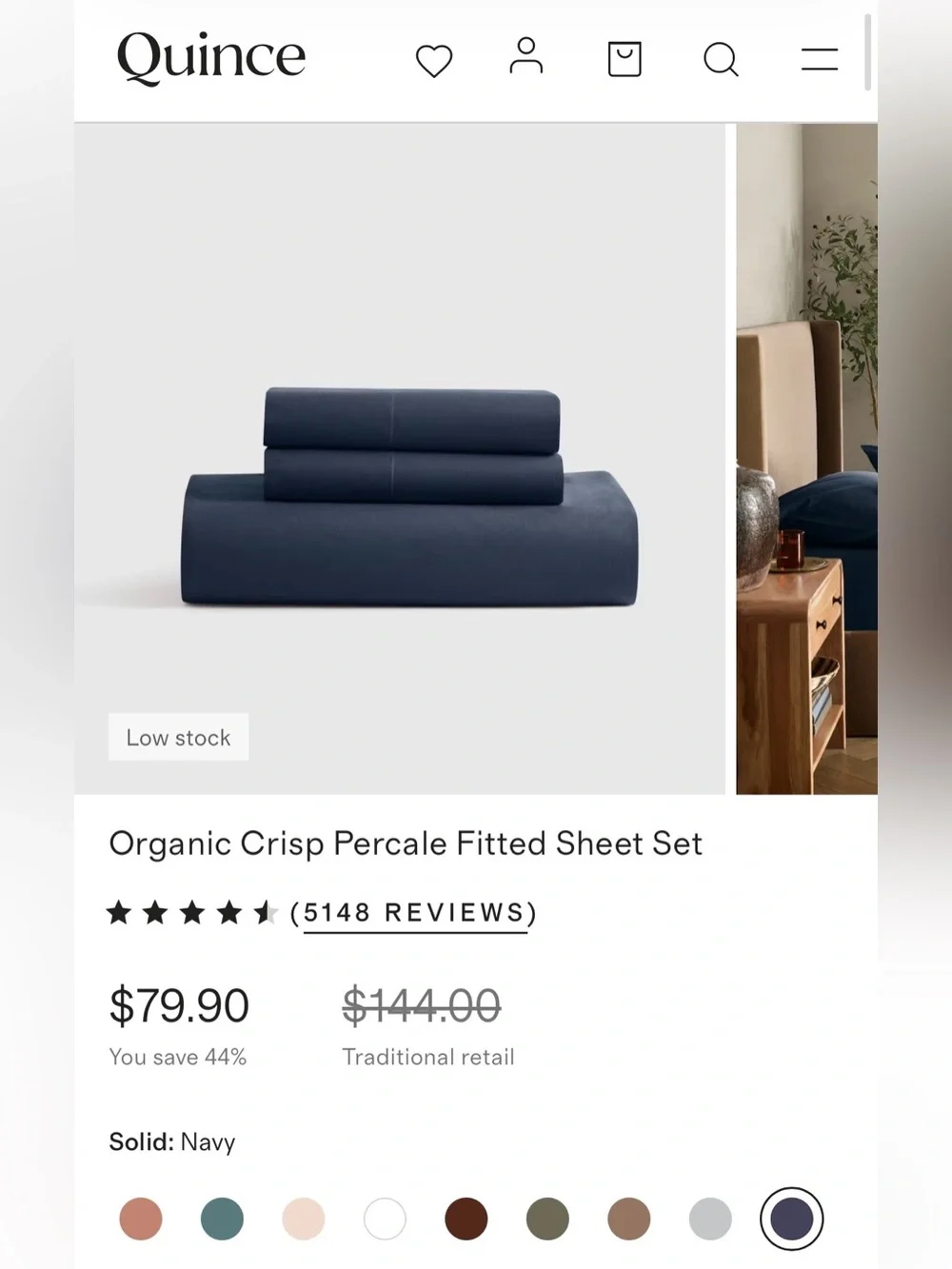 Quince Organic Crisp Percale 3 Piece Fitted Sheet, King (Navy)